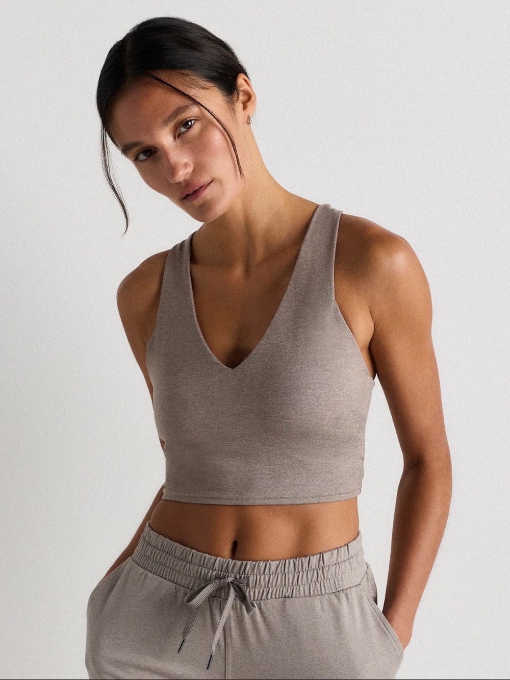Quince ultra soft V-Neck Cropped Tank heather morel grey L exc